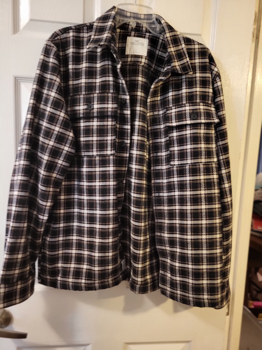 Mens Used Hollister Black and White Plaid Flannel Jacket